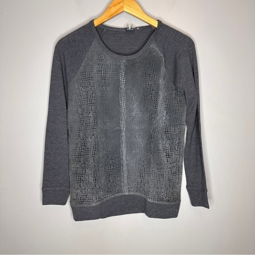 Ecru textured suede long sleeve scoop neck that